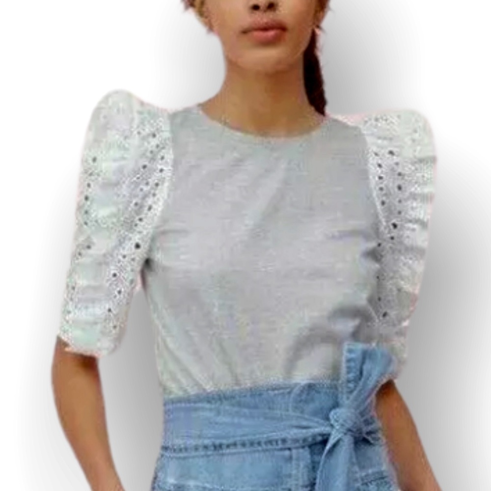 Rebecca Taylor x Anthropologie Papillon Eyelet Lace Med Puff Sleeve Gray Jersey